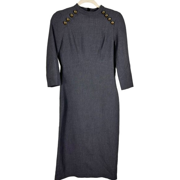 Zara Woman Gray Tweed Pencil Tube Nautical Button Midi Dress Medium‎ - Picture 3 of 15